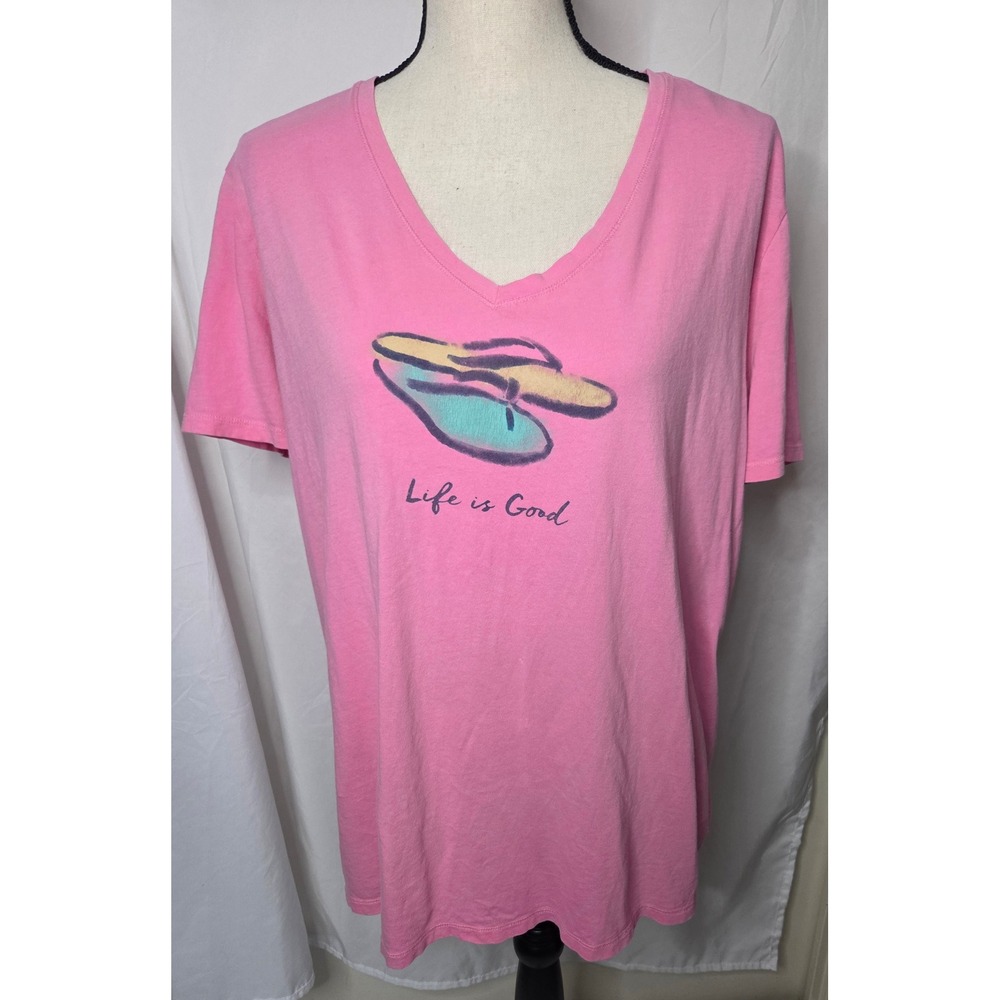 Life is Good Womens XXL Pink Flip Flop Graphic V-Neck Short Sleeve T-Shirt